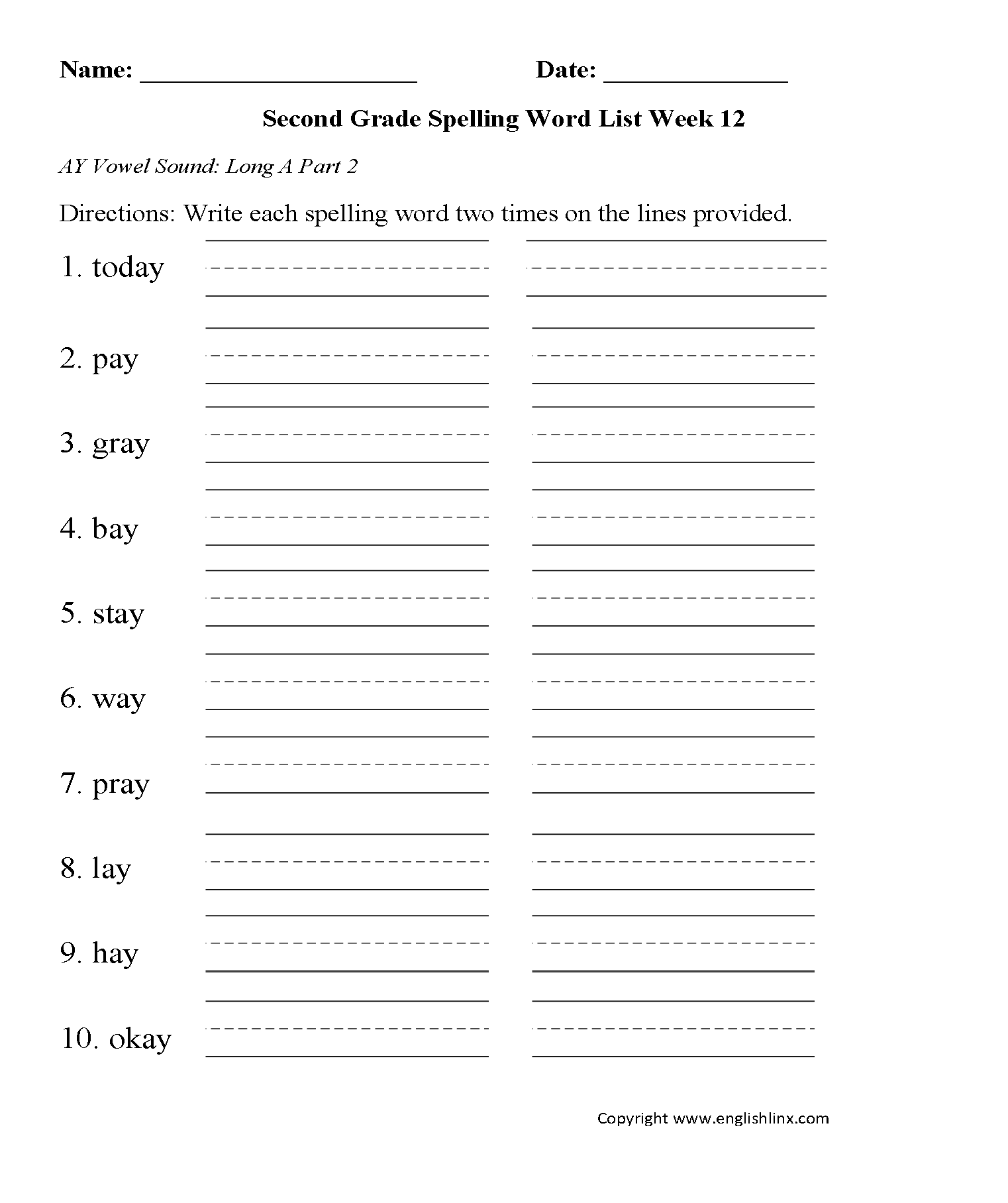 Week 12 AY Vowel 2 Second Grade Spelling Words Worksheets